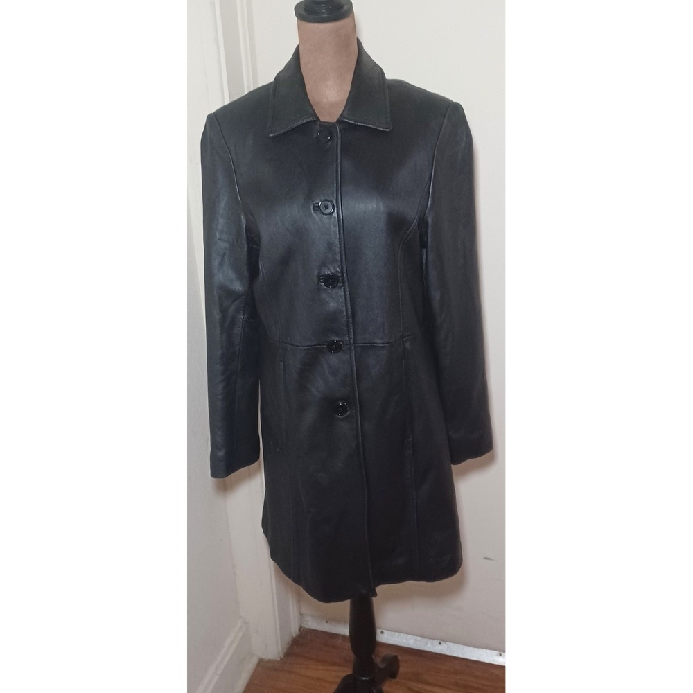 Covington Genuine Leather Coat Women Small Black Button Front Lined Classic READ